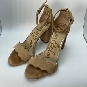 Sam Edelman Odila Block Heel‎ Sandals Tan Suede Scalloped Strap Size 7M
